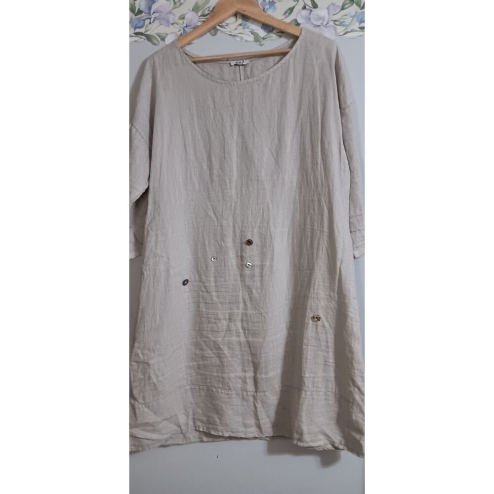 Rosemarine Italy Med Beige Button Cottage Casual Lagenlook Minimalist Midi Dress